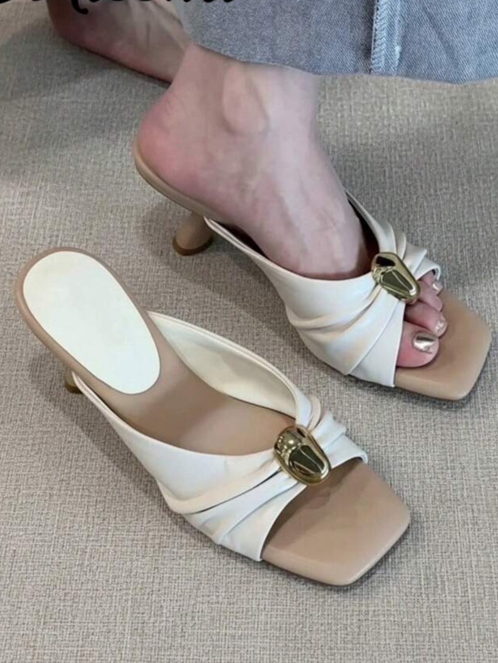 Cream Ruched Open-Toe Mule with Gold Accent - Women Shoes